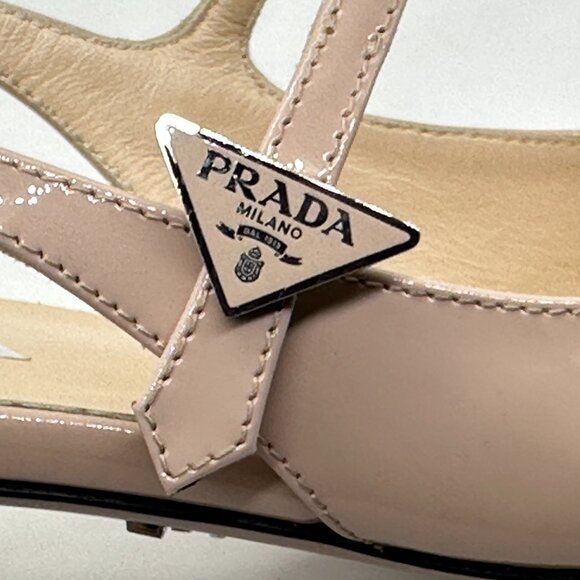 PRADA Decolette Logo Patent Leather Slingback Mary Jane Pumps Heel Sandals - Picture 10 of 15